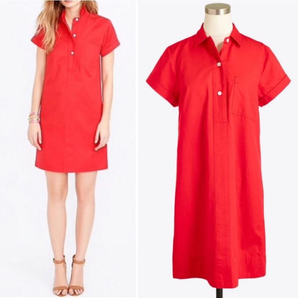 Women's J. Crew Collared Popover Short Shirt Dress Red Coral 100% Cotton Size M